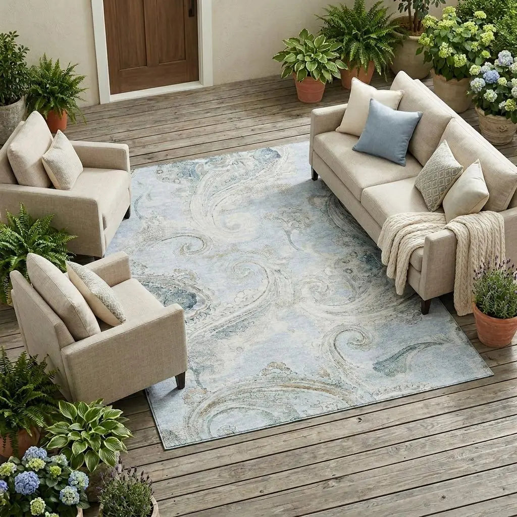 10' X 14' Sky Blue And Blue Paisley Washable Indoor Outdoor Area Rug Homeroots Outdoor