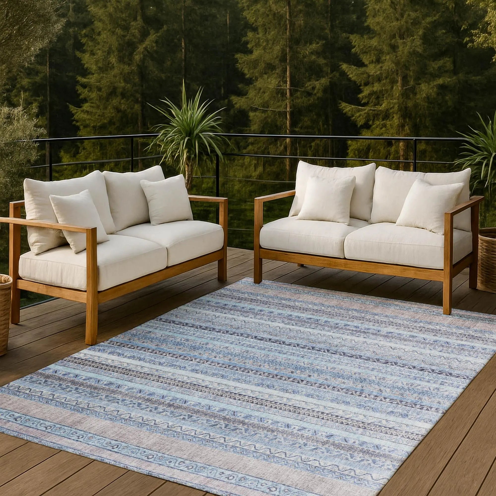 10' X 14' Sky Blue And Blue Striped Washable Indoor Outdoor Area Rug Homeroots Outdoor