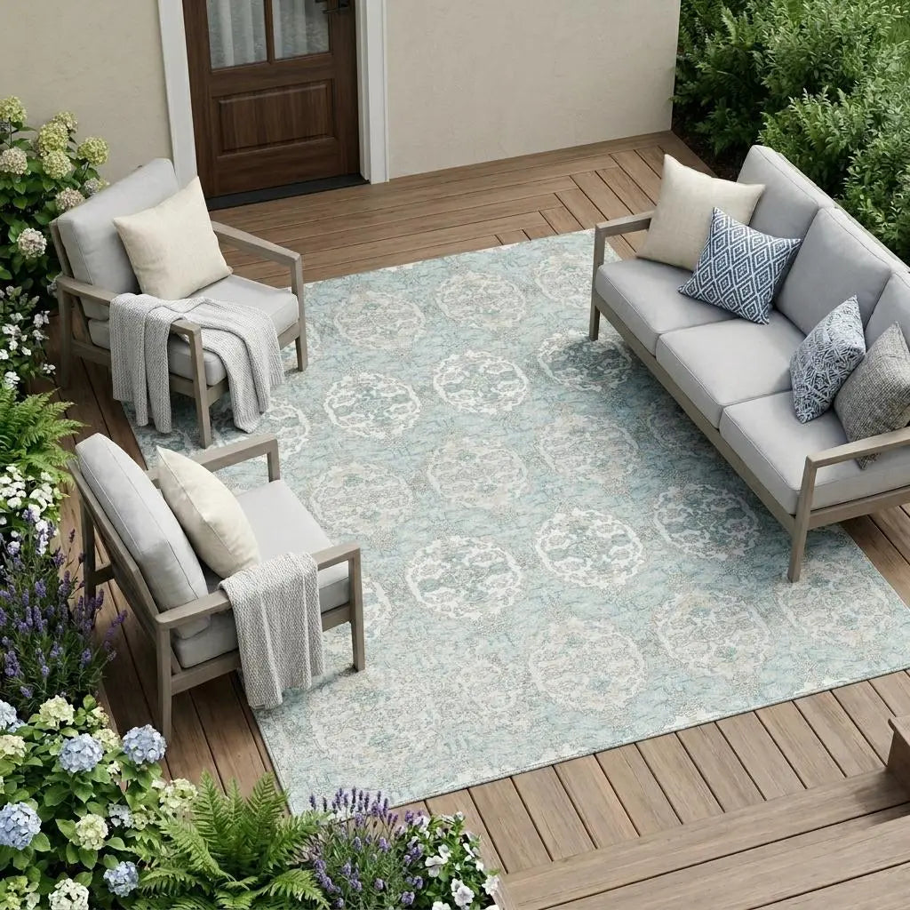 10' X 14' Sky Blue And Blue Striped Washable Indoor Outdoor Area Rug Homeroots Outdoor