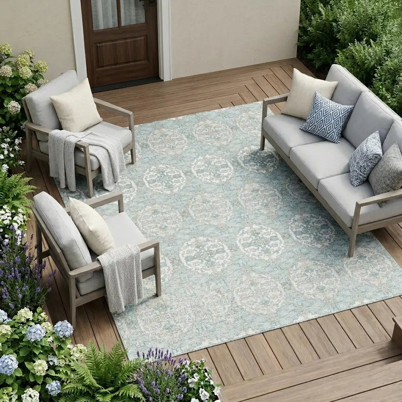 10' X 14' Sky Blue And Blue Striped Washable Indoor Outdoor Area Rug Homeroots Outdoor