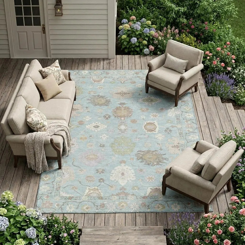 10' X 14' Sky Blue And Copper Oriental Washable Indoor Outdoor Area Rug Homeroots Outdoor