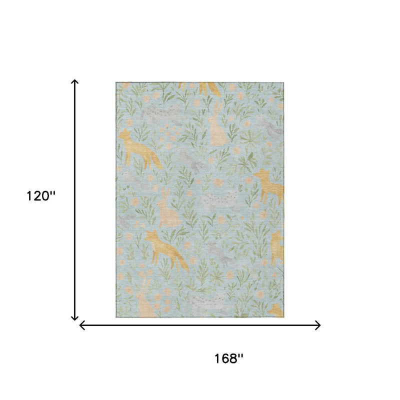 10' X 14' Sky Blue And Green Botanical Leaves Washable Indoor Outdoor Area Rug Homeroots Outdoor