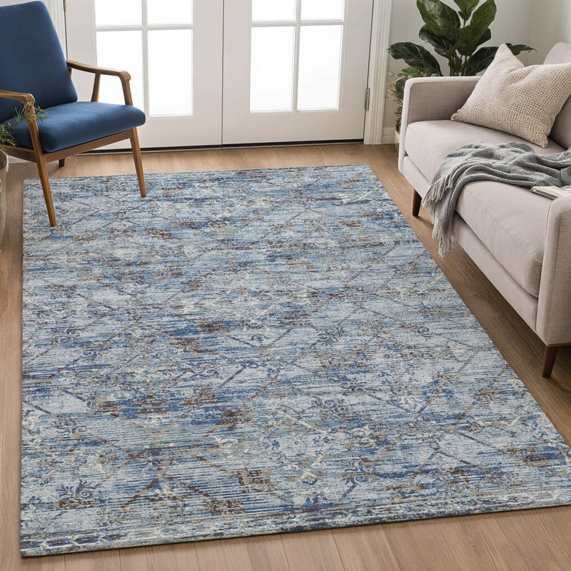 10' X 14' Sky Blue And Ivory Geometric Washable Indoor Outdoor Area Rug Homeroots Outdoor