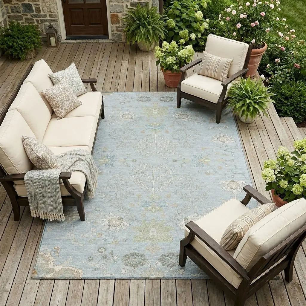 10' X 14' Sky Blue And Ivory Oriental Washable Indoor Outdoor Area Rug Homeroots Outdoor