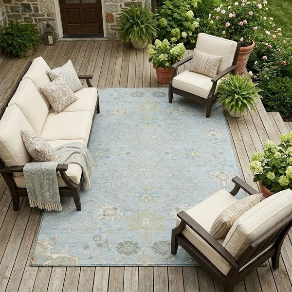 10' X 14' Sky Blue And Ivory Oriental Washable Indoor Outdoor Area Rug Homeroots Outdoor