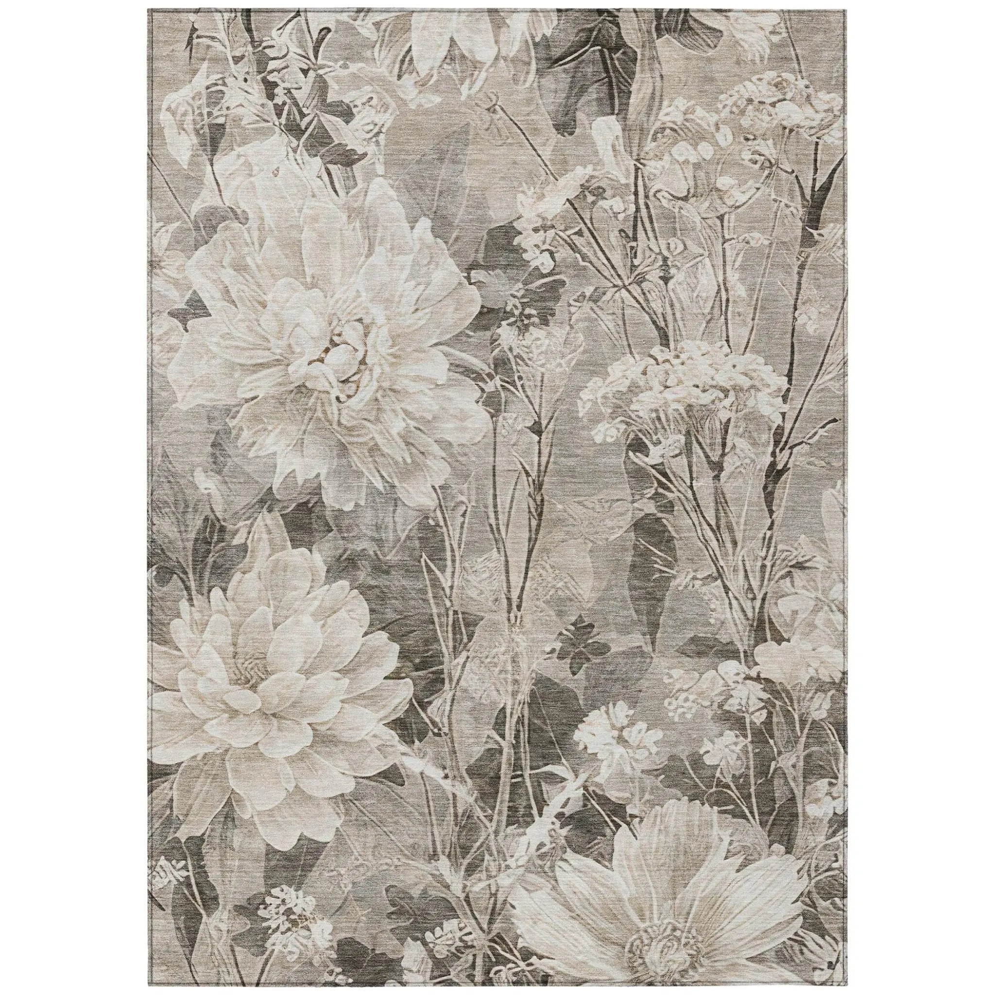 10' X 14' Taupe And Brown Floral Washable Indoor Outdoor Area Rug Homeroots Outdoor