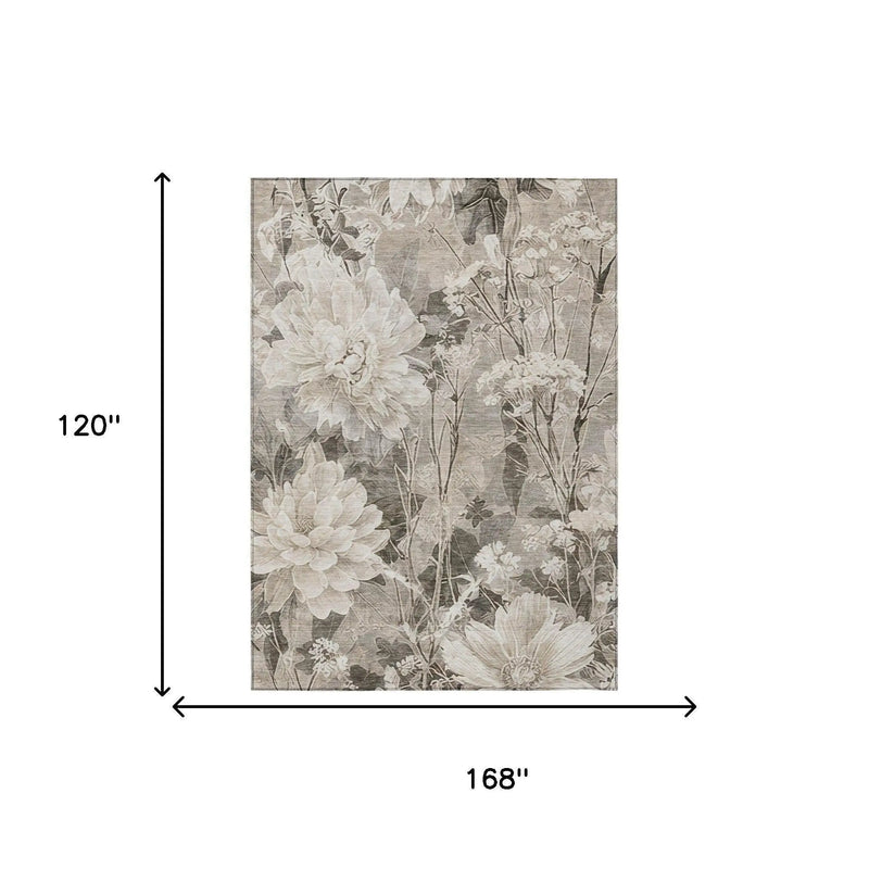 10' X 14' Taupe And Brown Floral Washable Indoor Outdoor Area Rug Homeroots Outdoor
