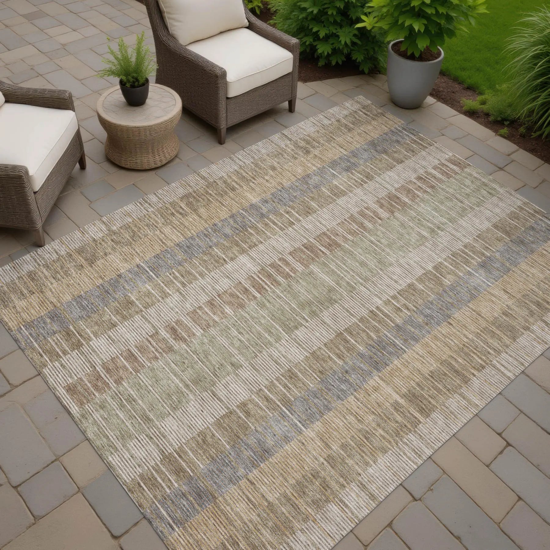 10' X 14' Taupe And Brown Striped Washable Indoor Outdoor Area Rug Homeroots Outdoor