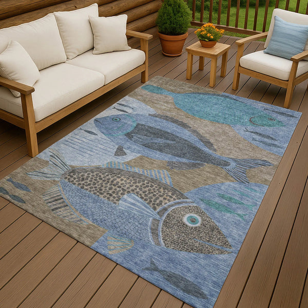 10' X 14' Taupe And Denim Blue Tropical Fish Washable Indoor Outdoor Area Rug Homeroots Outdoor