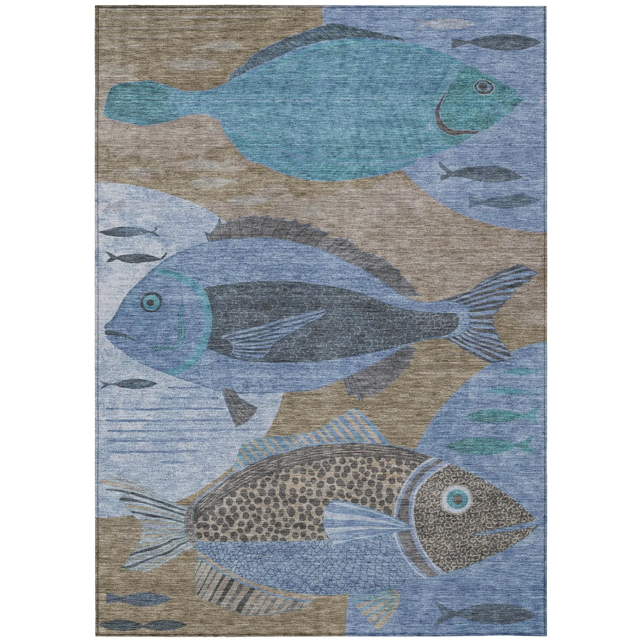 10' X 14' Taupe And Denim Blue Tropical Fish Washable Indoor Outdoor Area Rug Homeroots Outdoor