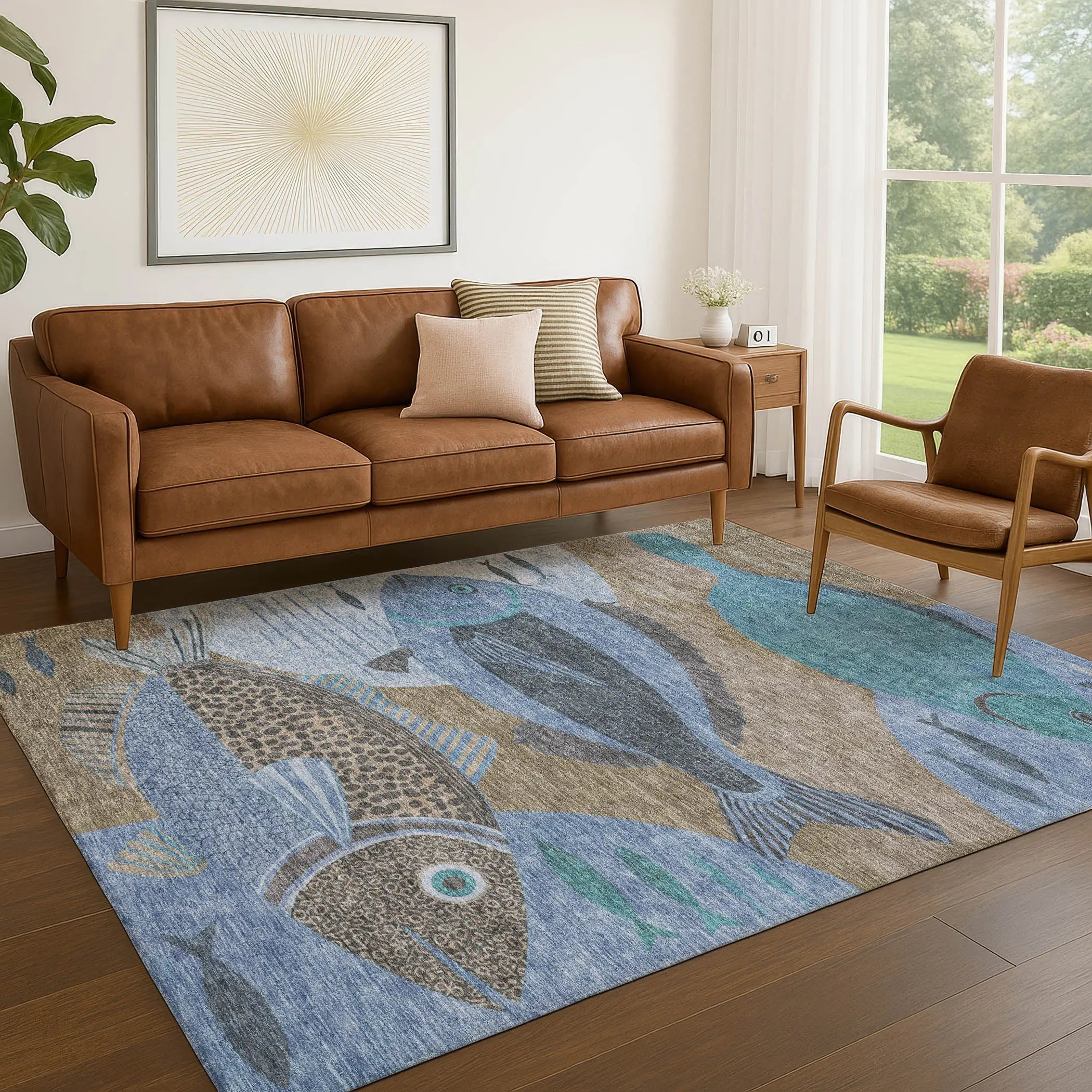 10' X 14' Taupe And Denim Blue Tropical Fish Washable Indoor Outdoor Area Rug Homeroots Outdoor