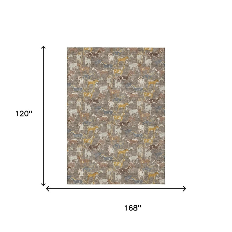 10' X 14' Taupe And Gray Horse Washable Indoor Outdoor Area Rug Homeroots Outdoor