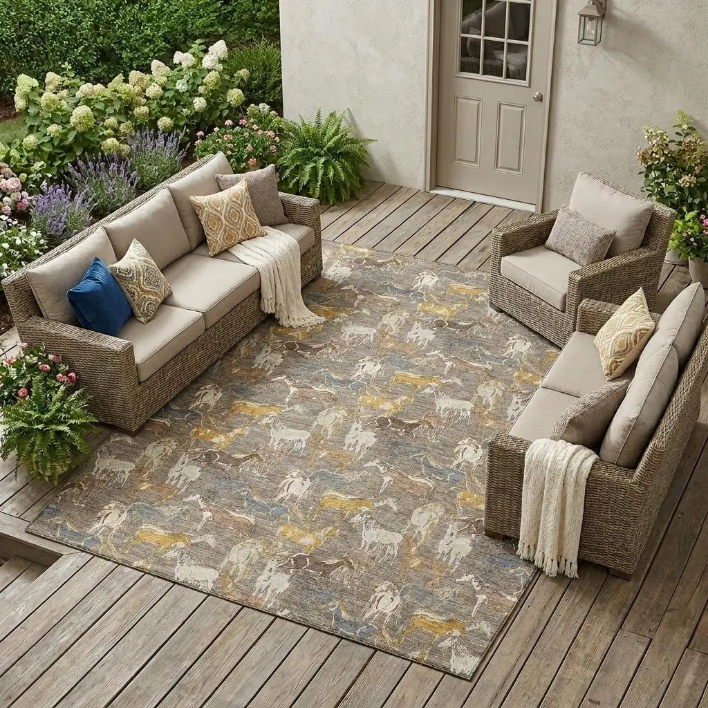 10' X 14' Taupe And Gray Horse Washable Indoor Outdoor Area Rug Homeroots Outdoor