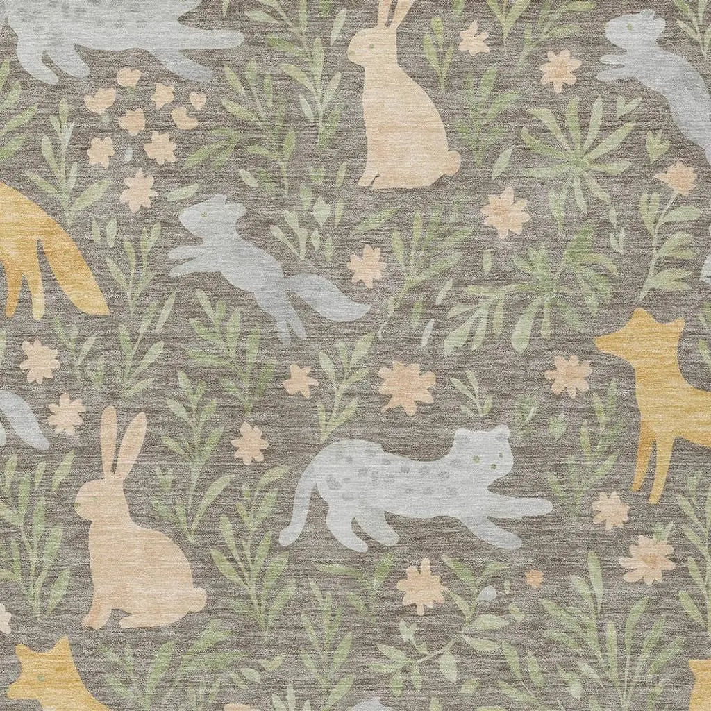 10' X 14' Taupe And Green Forest Animals And Botanical Leaves Washable Area Rug Homeroots Outdoor
