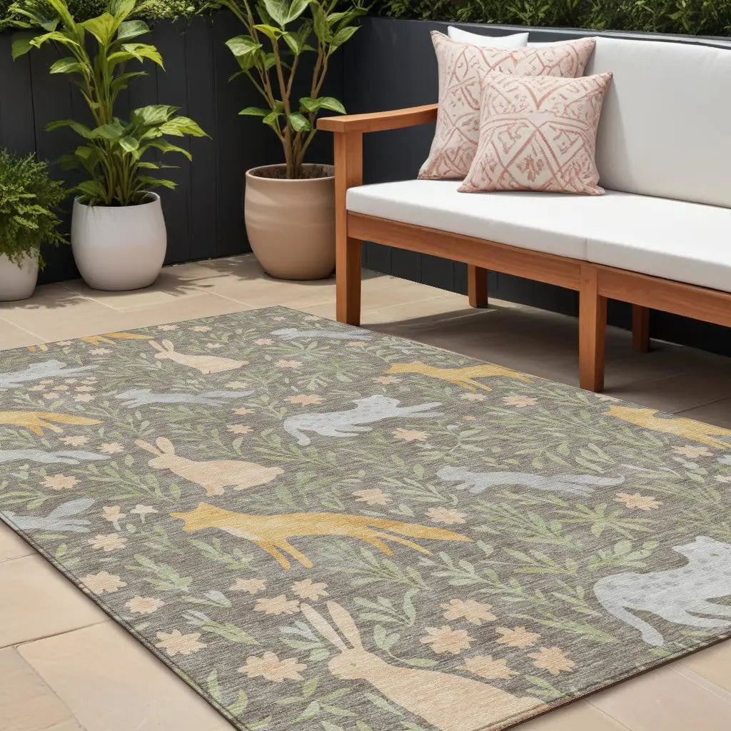 10' X 14' Taupe And Green Forest Animals And Botanical Leaves Washable Area Rug Homeroots Outdoor