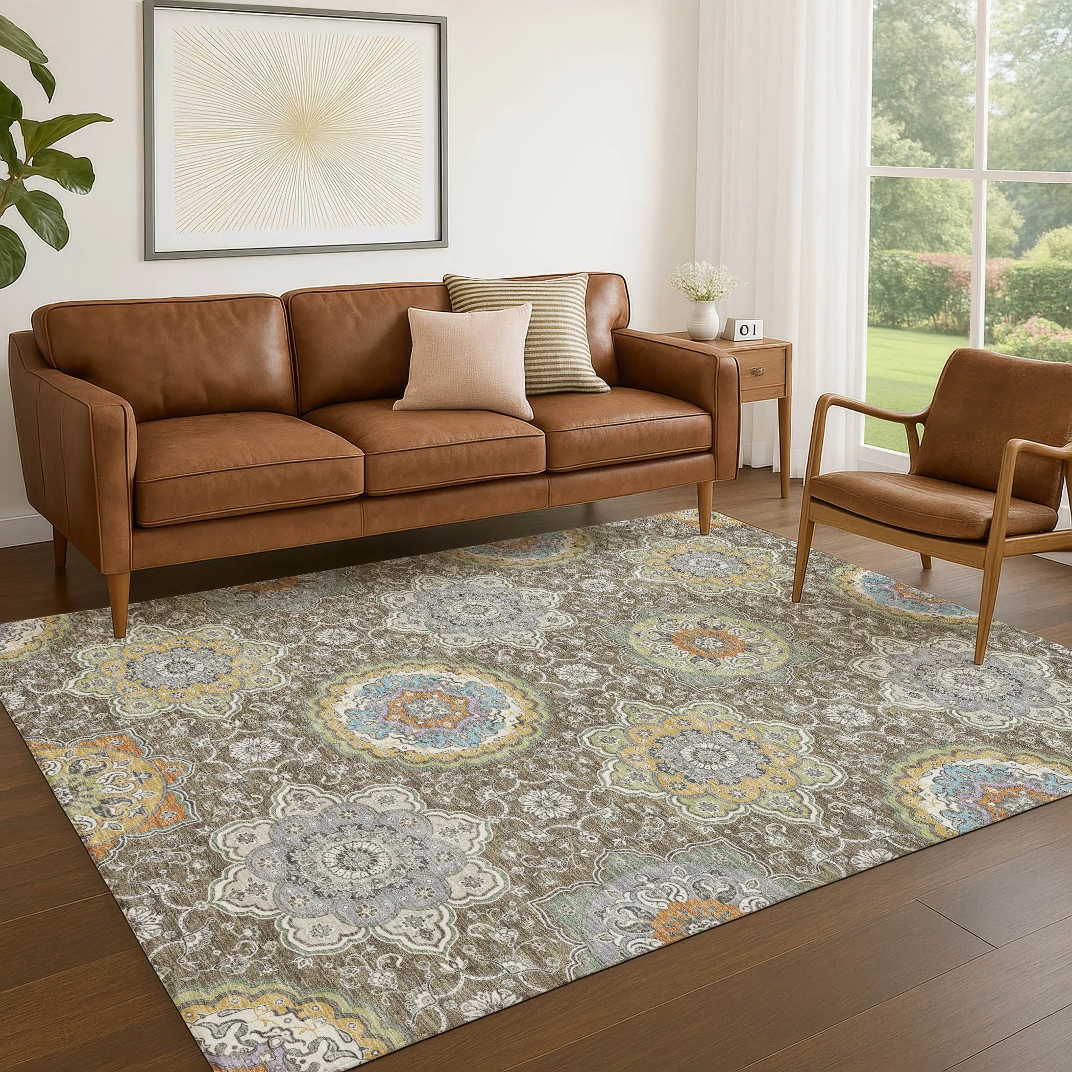 10' X 14' Taupe And Ivory Floral Medallion Washable Indoor Outdoor Area Rug Homeroots Outdoor