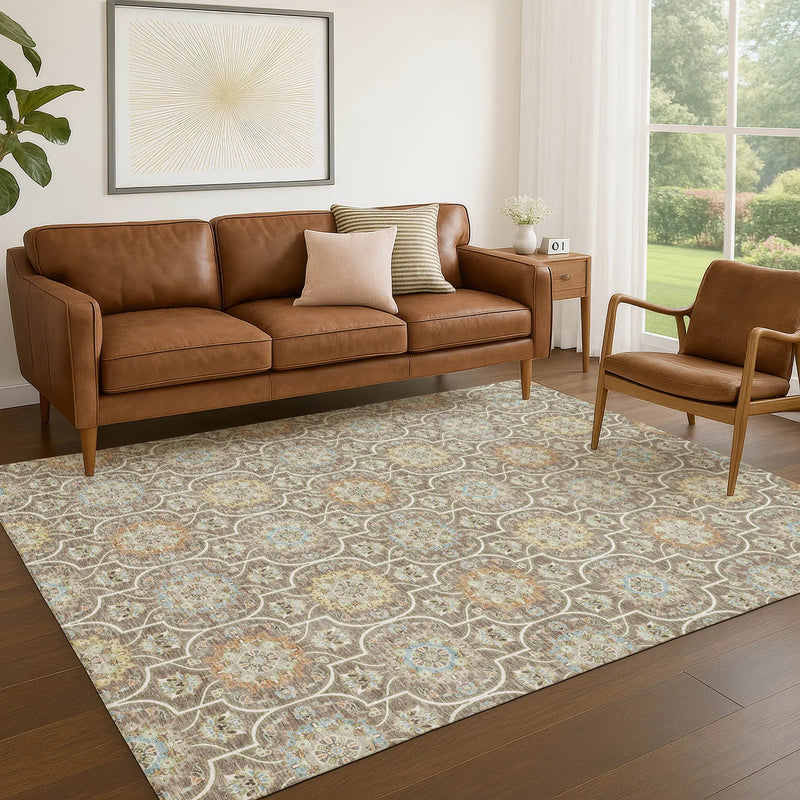 10' X 14' Taupe And Ivory Floral Medallion Washable Indoor Outdoor Area Rug Homeroots Outdoor