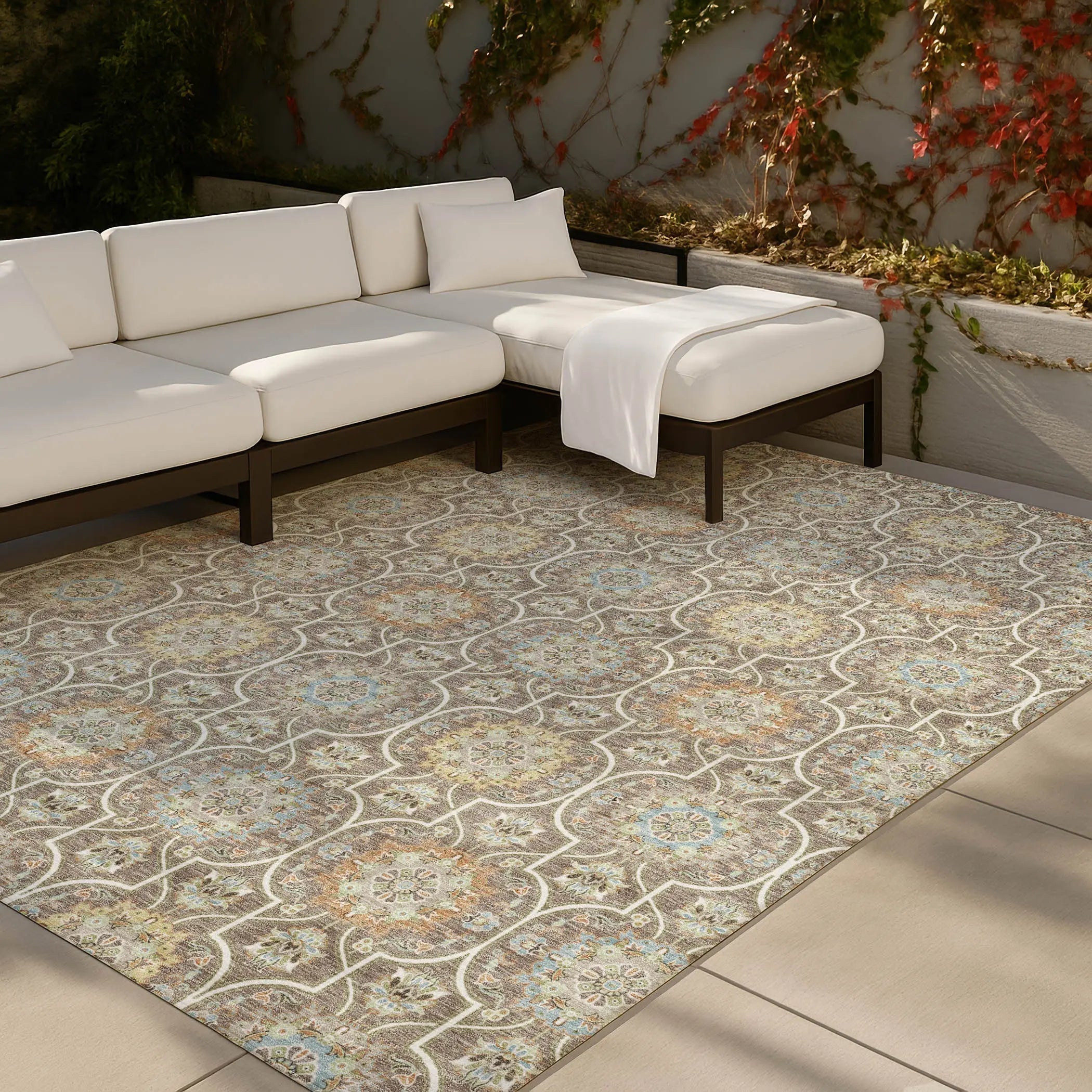 10' X 14' Taupe And Ivory Floral Medallion Washable Indoor Outdoor Area Rug Homeroots Outdoor
