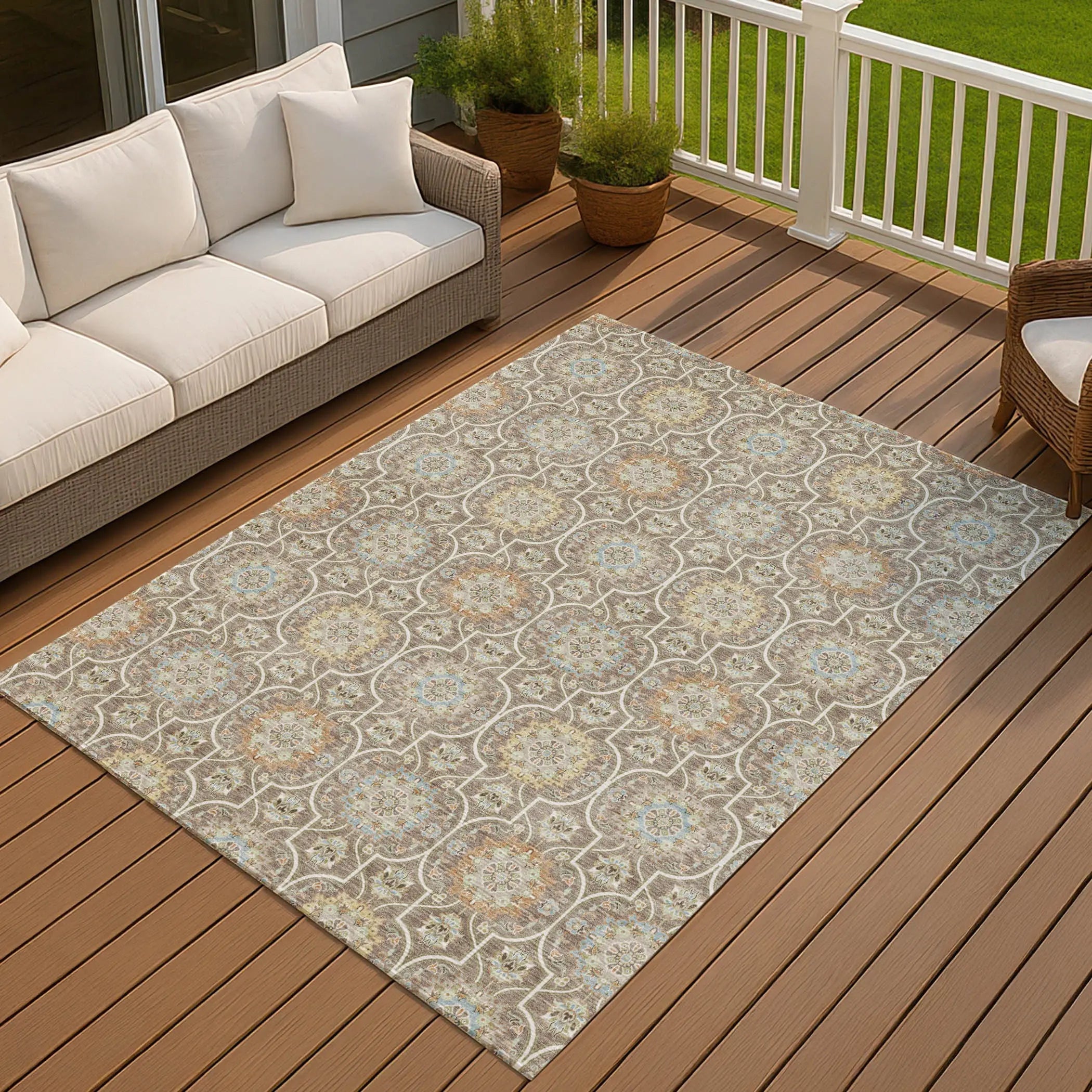 10' X 14' Taupe And Ivory Floral Medallion Washable Indoor Outdoor Area Rug Homeroots Outdoor
