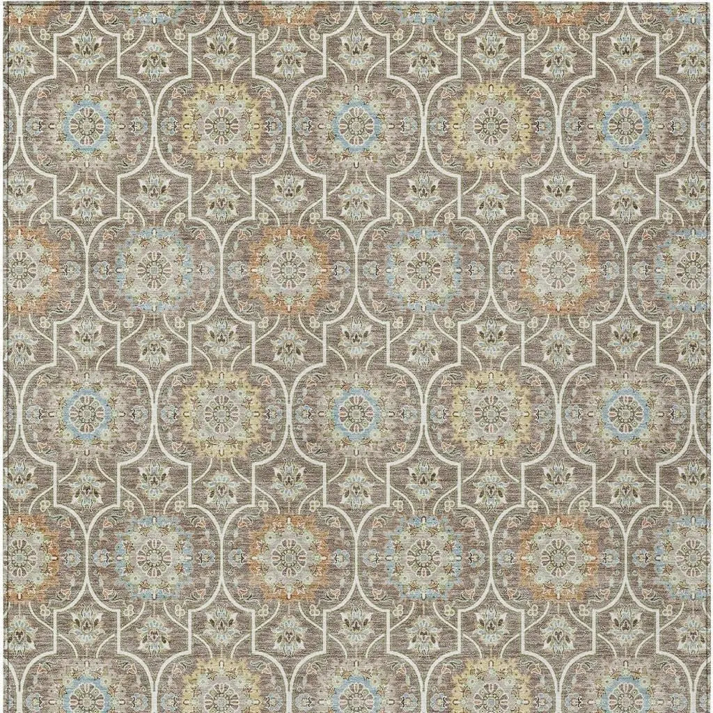 10' X 14' Taupe And Ivory Floral Medallion Washable Indoor Outdoor Area Rug Homeroots Outdoor