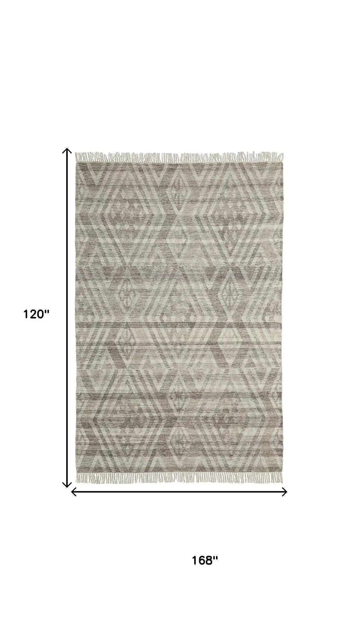 10' X 14' Taupe Ivory And Gray Wool Geometric Hand Woven Area Rug With Fringe Homeroots Home Decor