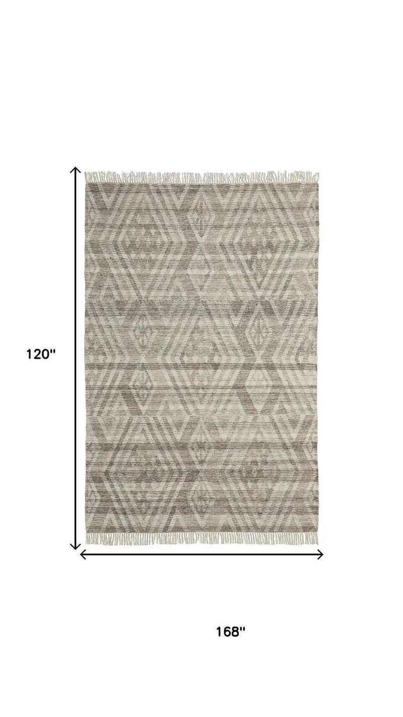 10' X 14' Taupe Ivory And Gray Wool Geometric Hand Woven Area Rug With Fringe Homeroots Home Decor