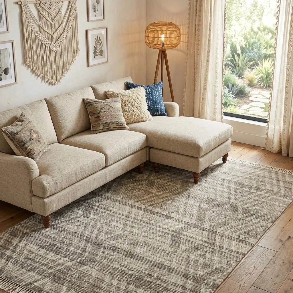 10' X 14' Taupe Ivory And Gray Wool Geometric Hand Woven Area Rug With Fringe Homeroots Home Decor