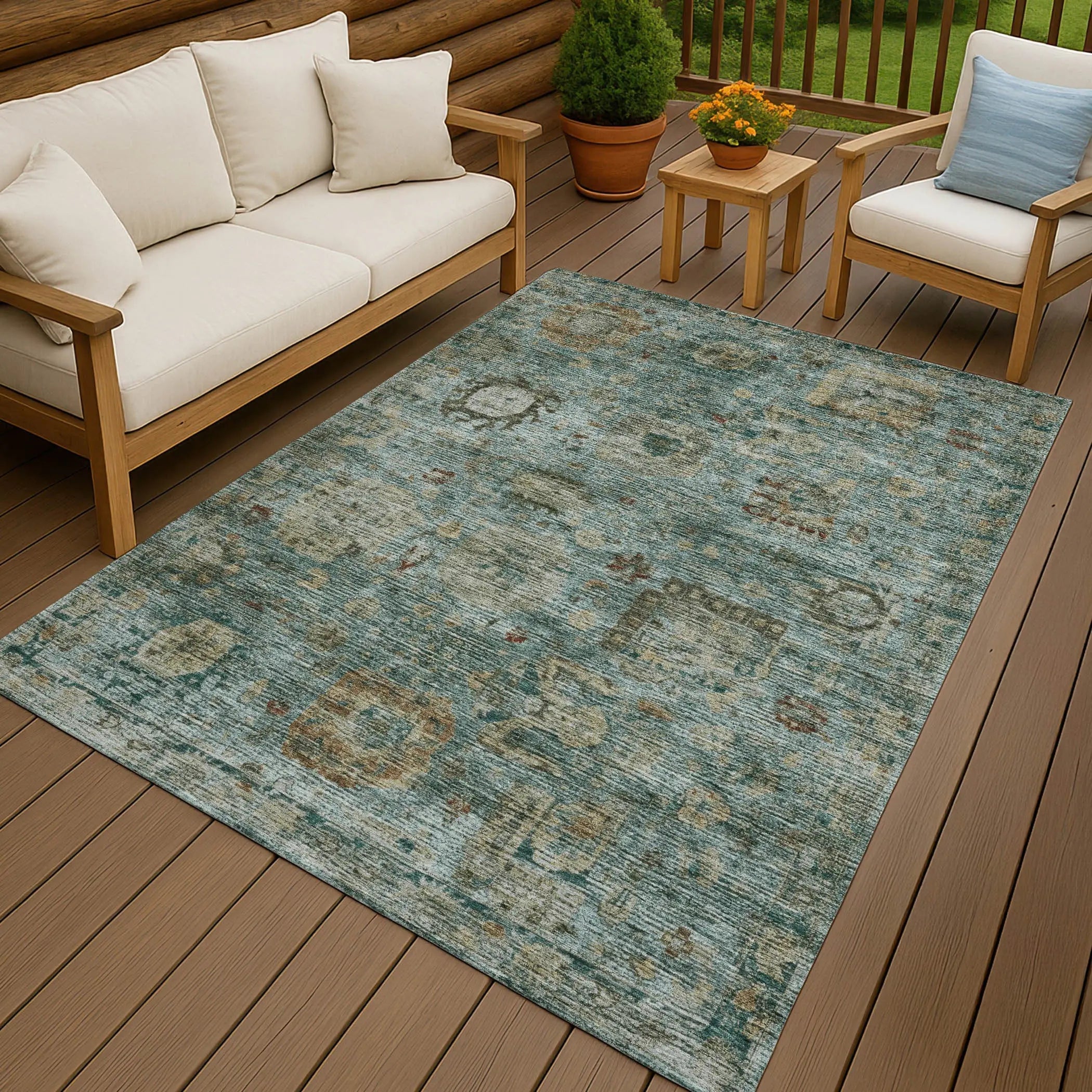 10' X 14' Teal Blue And Aqua Abstract Washable Indoor Outdoor Area Rug Homeroots Outdoor