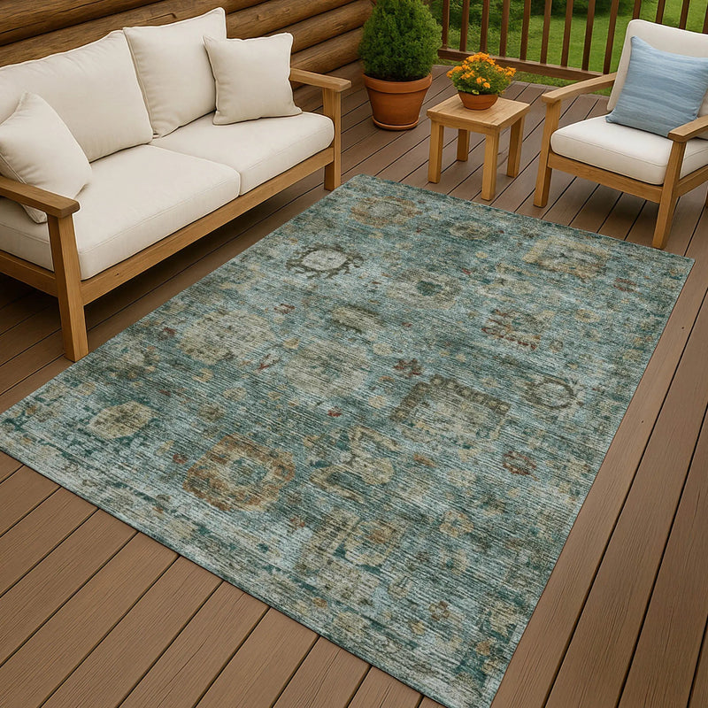 10' X 14' Teal Blue And Aqua Abstract Washable Indoor Outdoor Area Rug Homeroots Outdoor