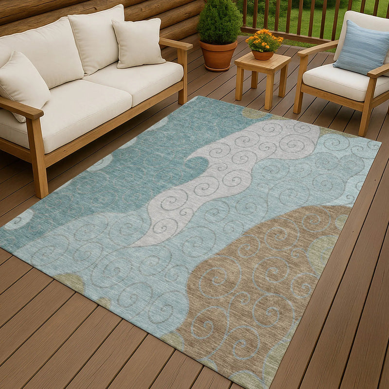 10' X 14' Teal Blue And Aqua Abstract Washable Indoor Outdoor Area Rug Homeroots Outdoor