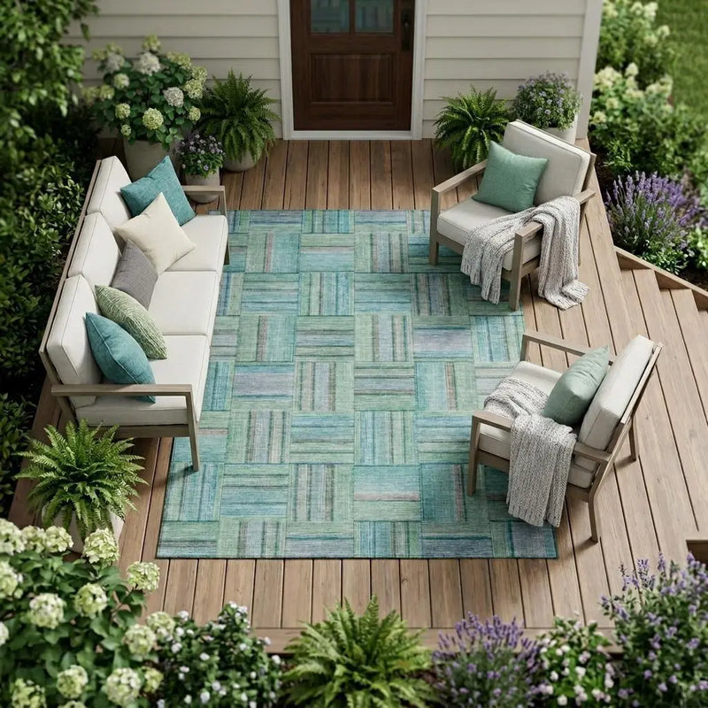 10' X 14' Teal Blue And Aqua Geometric Washable Indoor Outdoor Area Rug Homeroots Outdoor