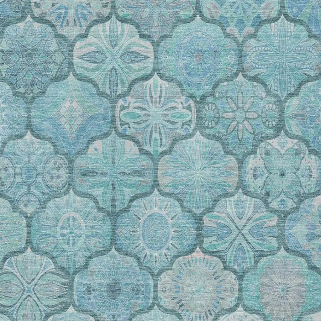 10' X 14' Teal Blue And Aqua Ogee Washable Indoor Outdoor Area Rug Homeroots Outdoor
