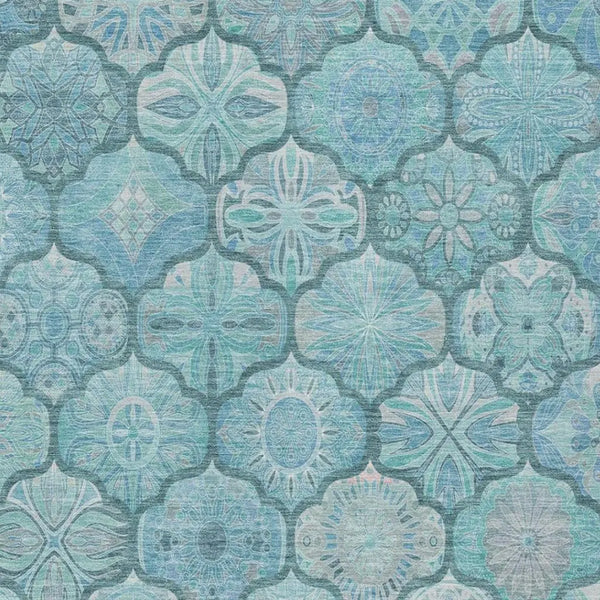 10' X 14' Teal Blue And Aqua Ogee Washable Indoor Outdoor Area Rug Homeroots Outdoor