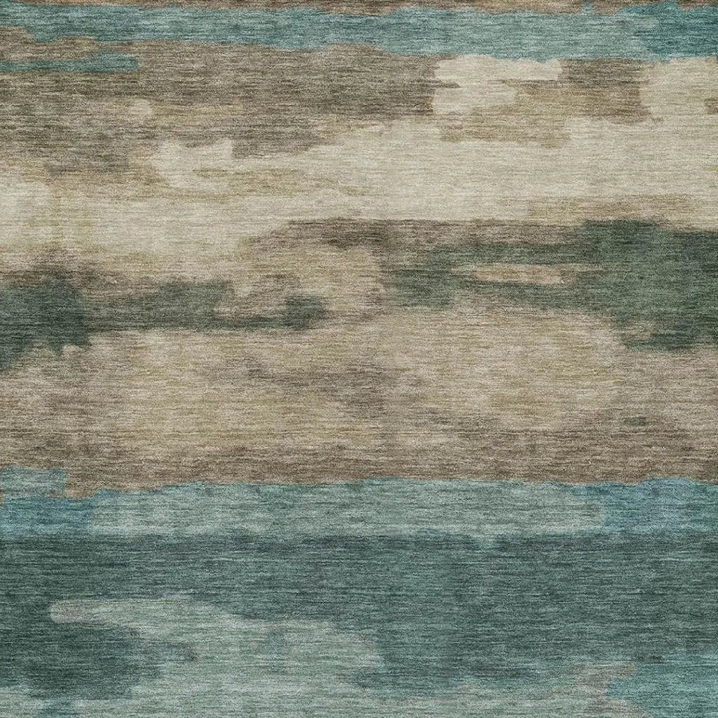 10' X 14' Teal Blue And Beige Abstract Washable Indoor Outdoor Area Rug Homeroots Outdoor