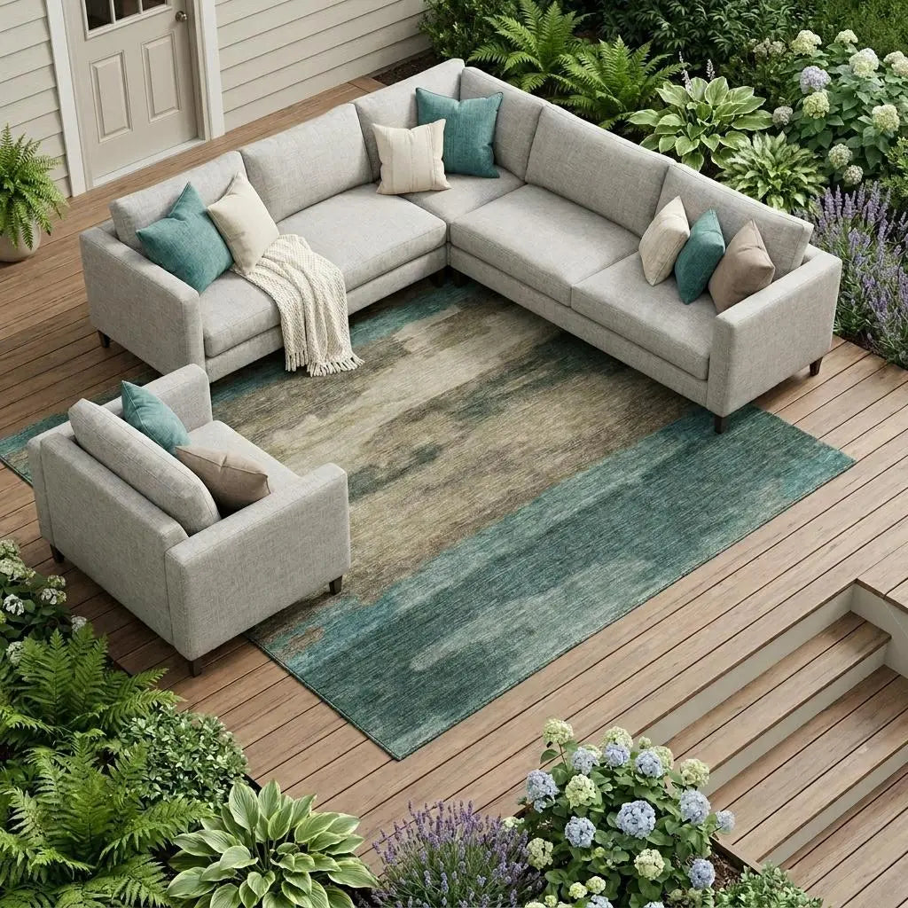 10' X 14' Teal Blue And Beige Abstract Washable Indoor Outdoor Area Rug Homeroots Outdoor