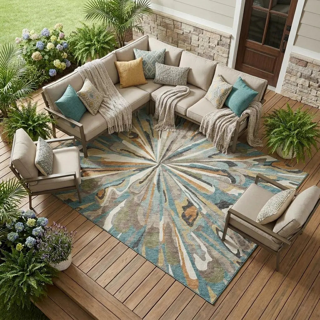 10' X 14' Teal Blue And Beige Abstract Washable Indoor Outdoor Area Rug Homeroots Outdoor