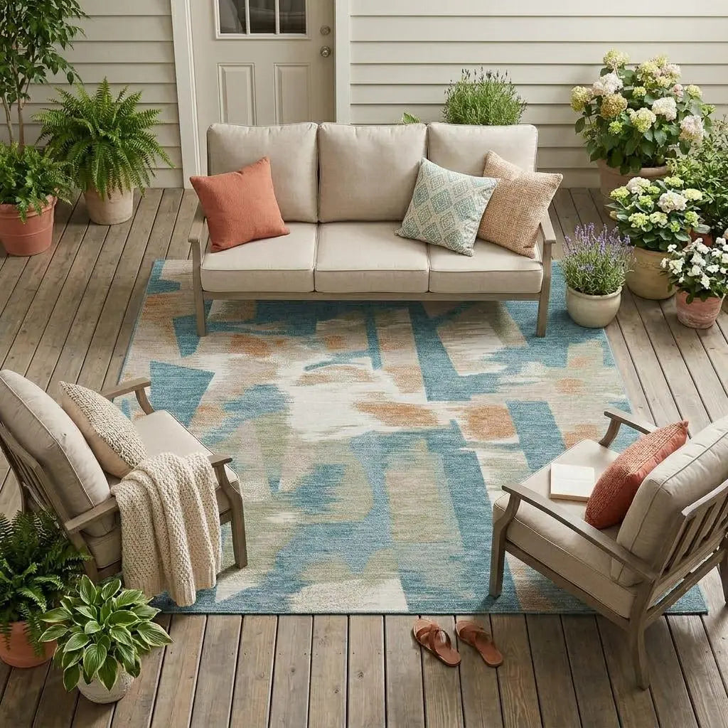 10' X 14' Teal Blue And Beige Abstract Washable Indoor Outdoor Area Rug Homeroots Outdoor