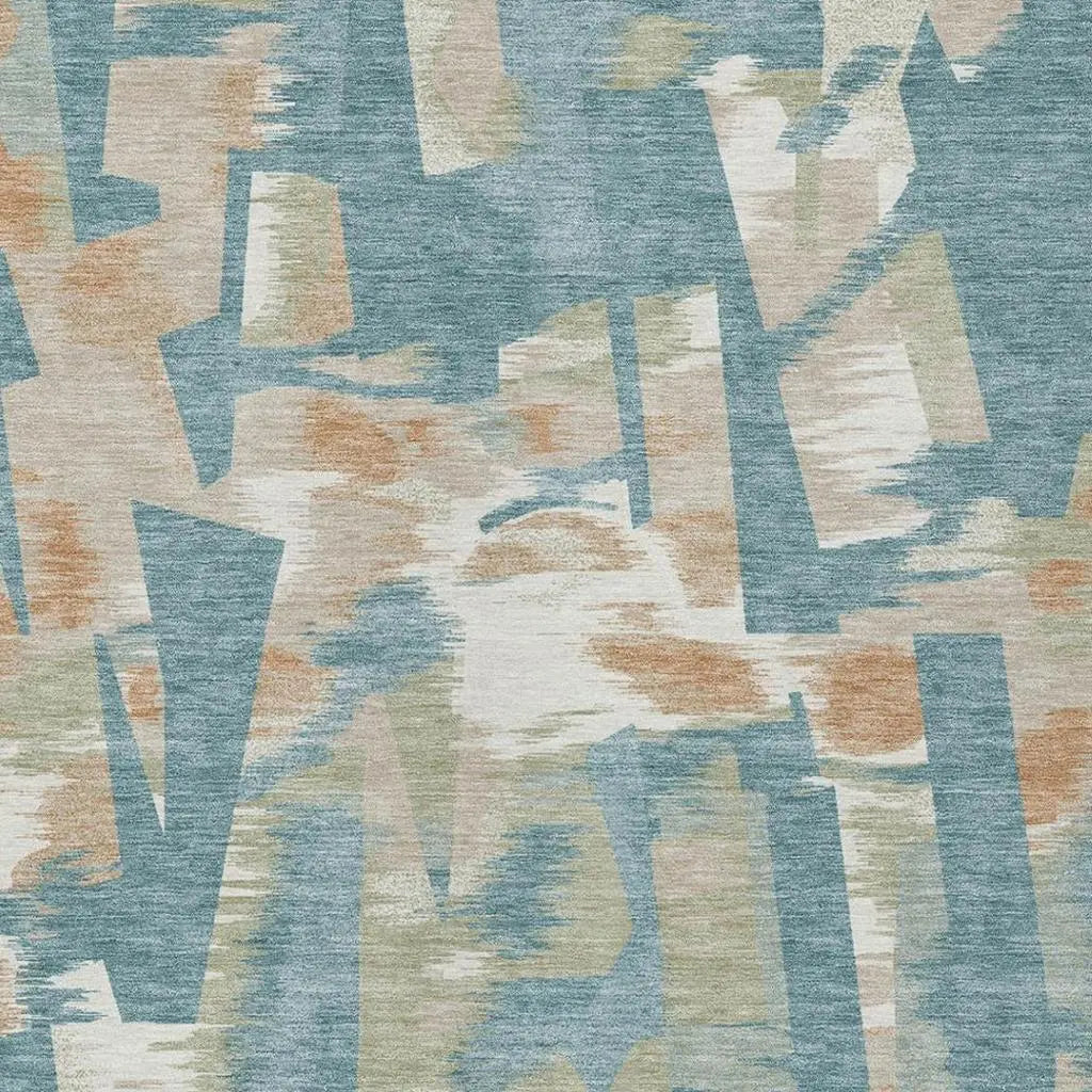 10' X 14' Teal Blue And Beige Abstract Washable Indoor Outdoor Area Rug Homeroots Outdoor