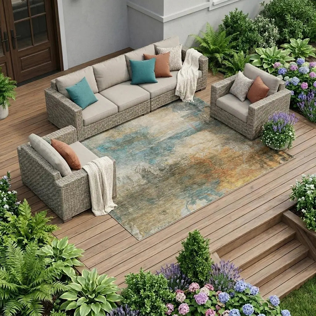 10' X 14' Teal Blue And Beige Abstract Washable Indoor Outdoor Area Rug Homeroots Outdoor