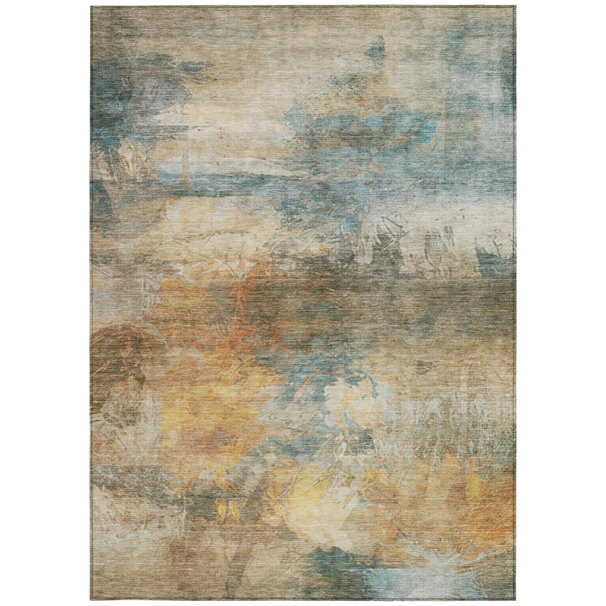 10' X 14' Teal Blue And Beige Abstract Washable Indoor Outdoor Area Rug Homeroots Outdoor