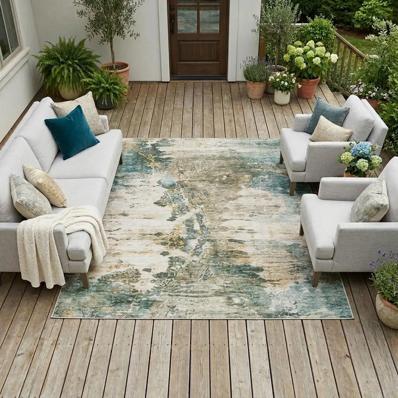 10' X 14' Teal Blue And Beige Abstract Washable Indoor Outdoor Area Rug Homeroots Outdoor