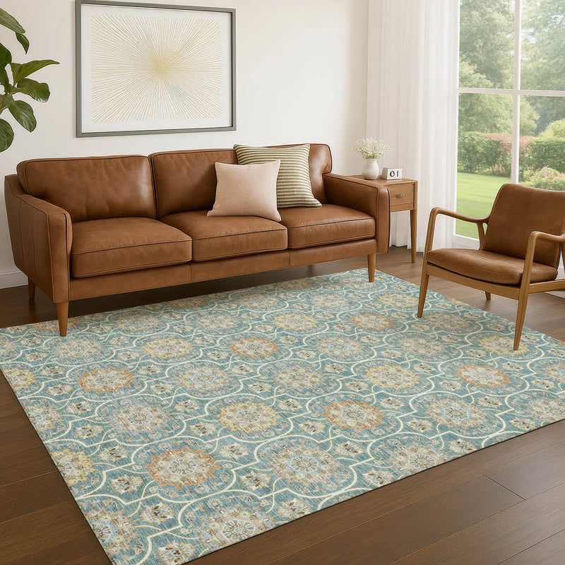 10' X 14' Teal Blue And Beige Floral Medallion Washable Indoor Outdoor Area Rug Homeroots Outdoor