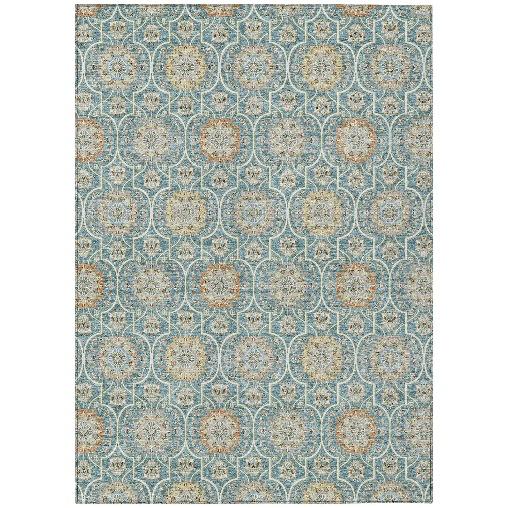 10' X 14' Teal Blue And Beige Floral Medallion Washable Indoor Outdoor Area Rug Homeroots Outdoor