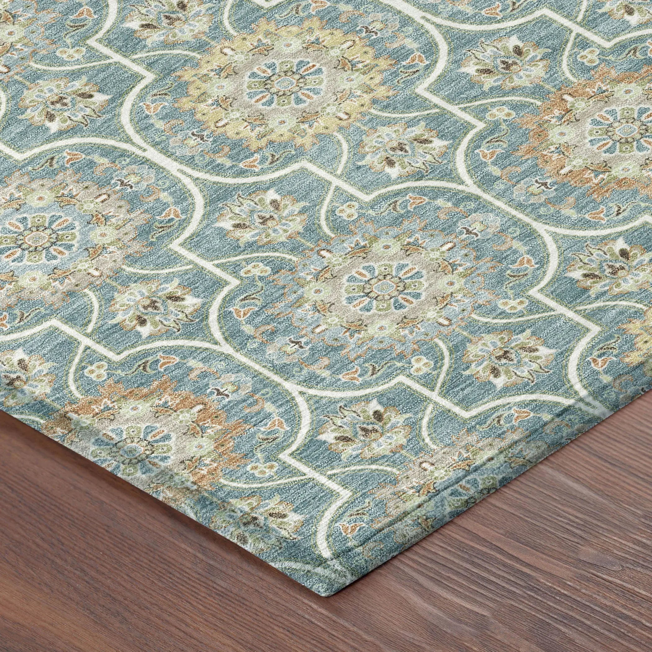 10' X 14' Teal Blue And Beige Floral Medallion Washable Indoor Outdoor Area Rug Homeroots Outdoor