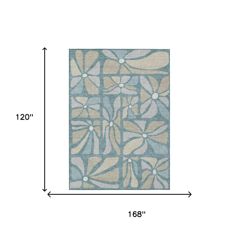10' X 14' Teal Blue And Beige Floral Washable Indoor Outdoor Area Rug Homeroots Outdoor