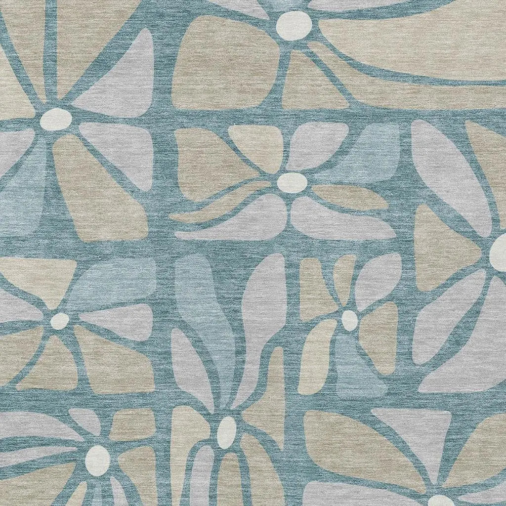 10' X 14' Teal Blue And Beige Floral Washable Indoor Outdoor Area Rug Homeroots Outdoor