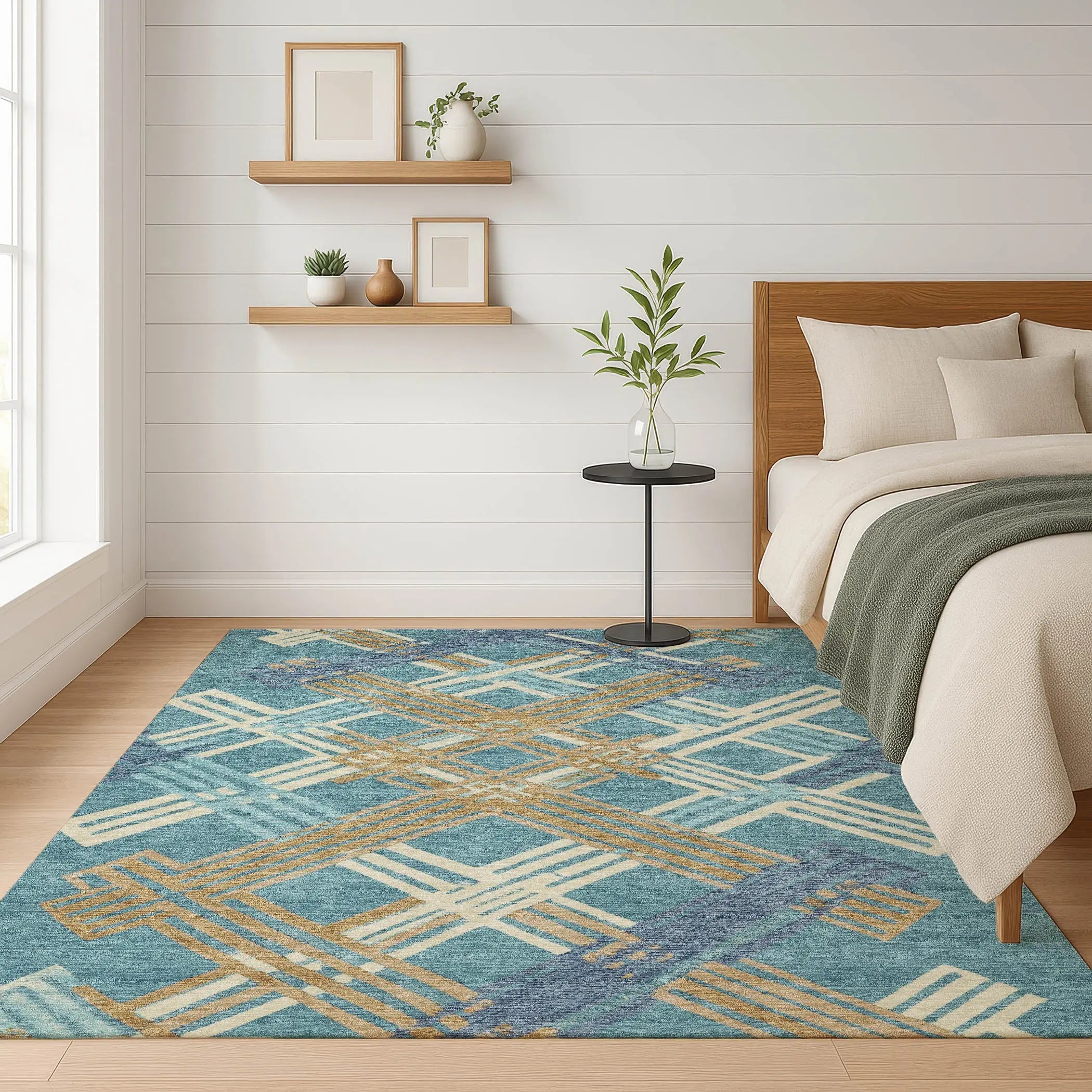 10' X 14' Teal Blue And Beige Geometric Washable Indoor Outdoor Area Rug Homeroots Outdoor