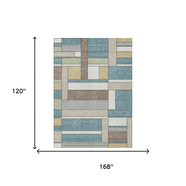 10' X 14' Teal Blue And Beige Geometric Washable Indoor Outdoor Area Rug Homeroots Outdoor