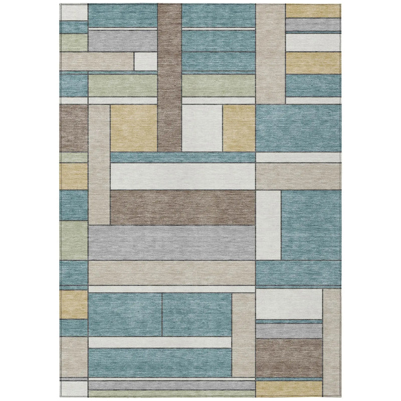 10' X 14' Teal Blue And Beige Geometric Washable Indoor Outdoor Area Rug Homeroots Outdoor
