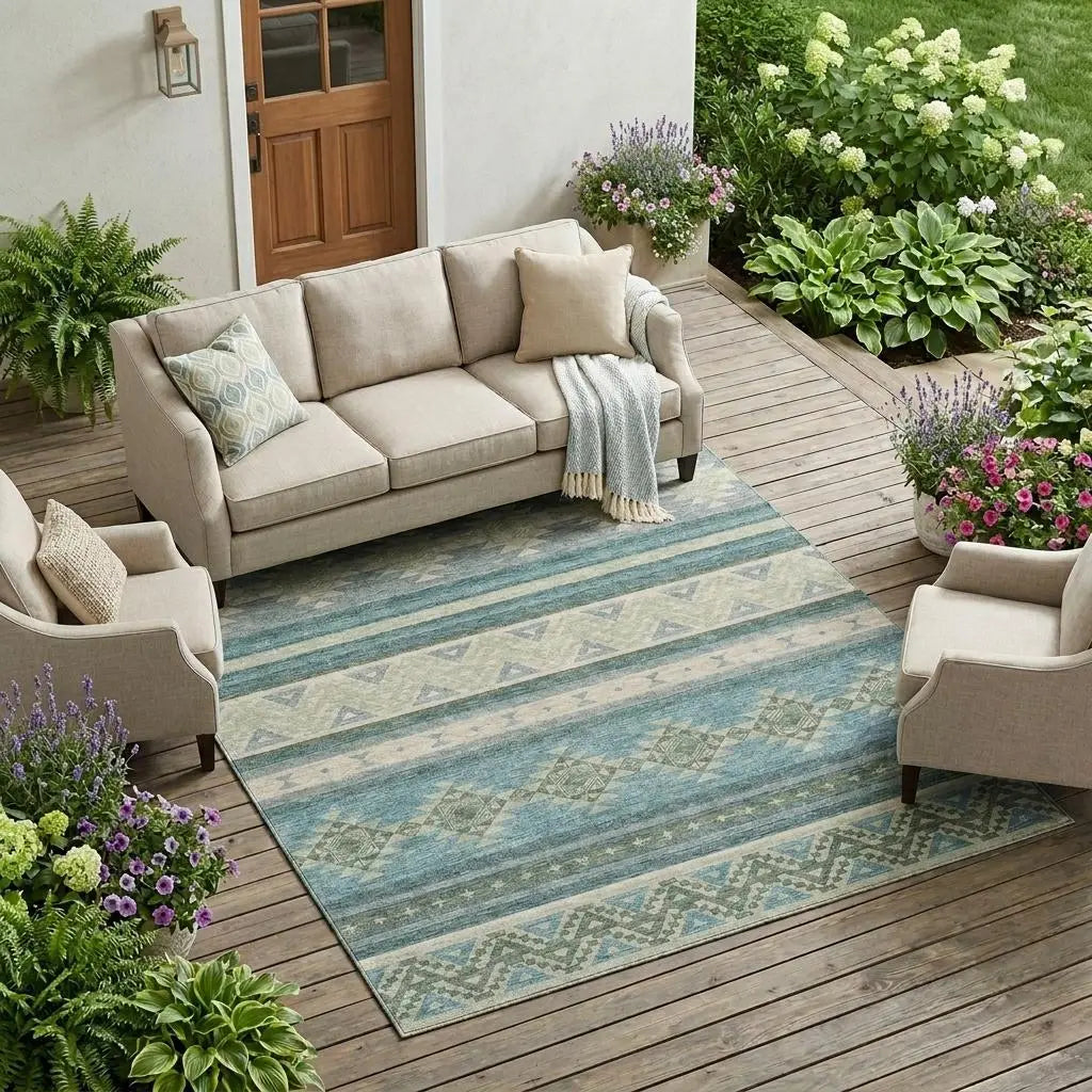 10' X 14' Teal Blue And Beige Southwestern Washable Indoor Outdoor Area Rug Homeroots Outdoor